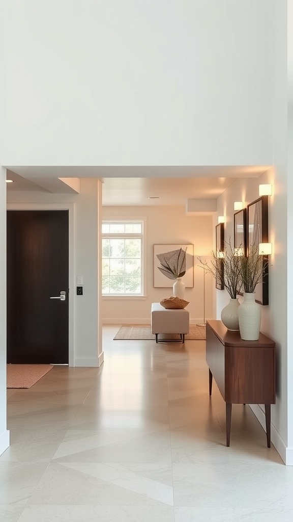 Foyer featuring bold linear sconces and modern decor.