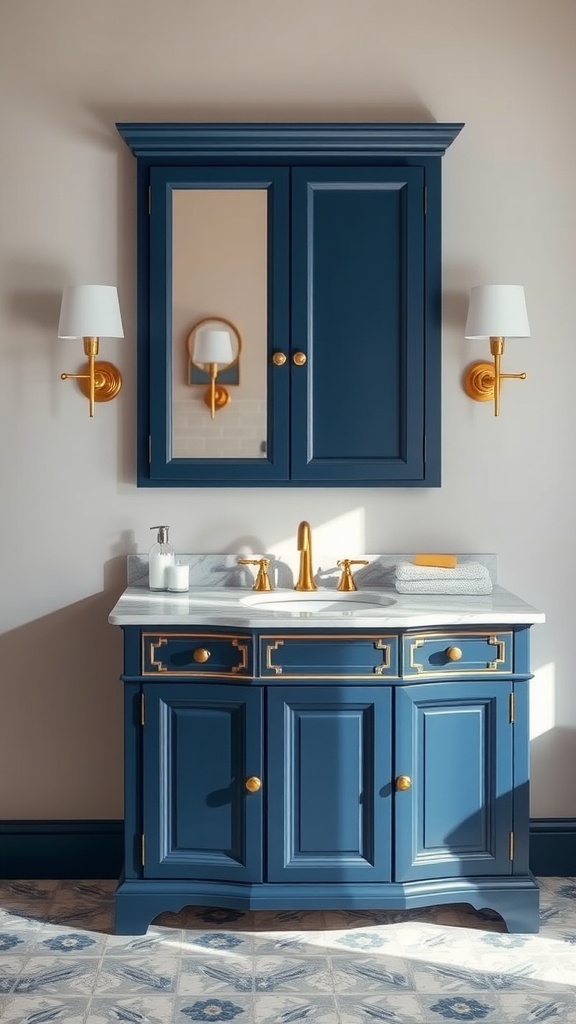 A navy blue bathroom vanity with gold hardware and a marble countertop