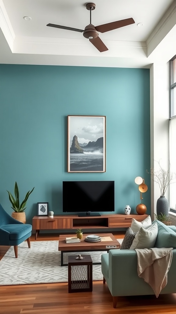 A modern living room with a teal statement wall, wooden furniture, and cozy decor.