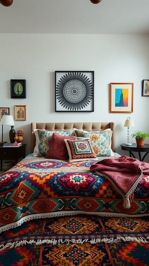 Boho style bedroom with bold patterns on bedding and wall art