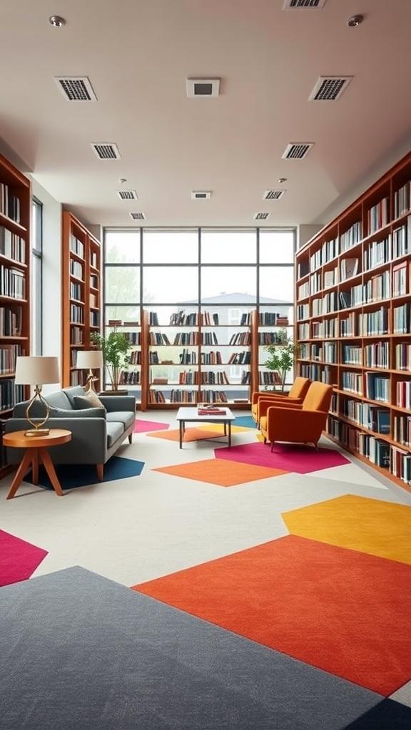 A contemporary library with bold geometric rugs in vibrant colors, stylish furniture, and large windows