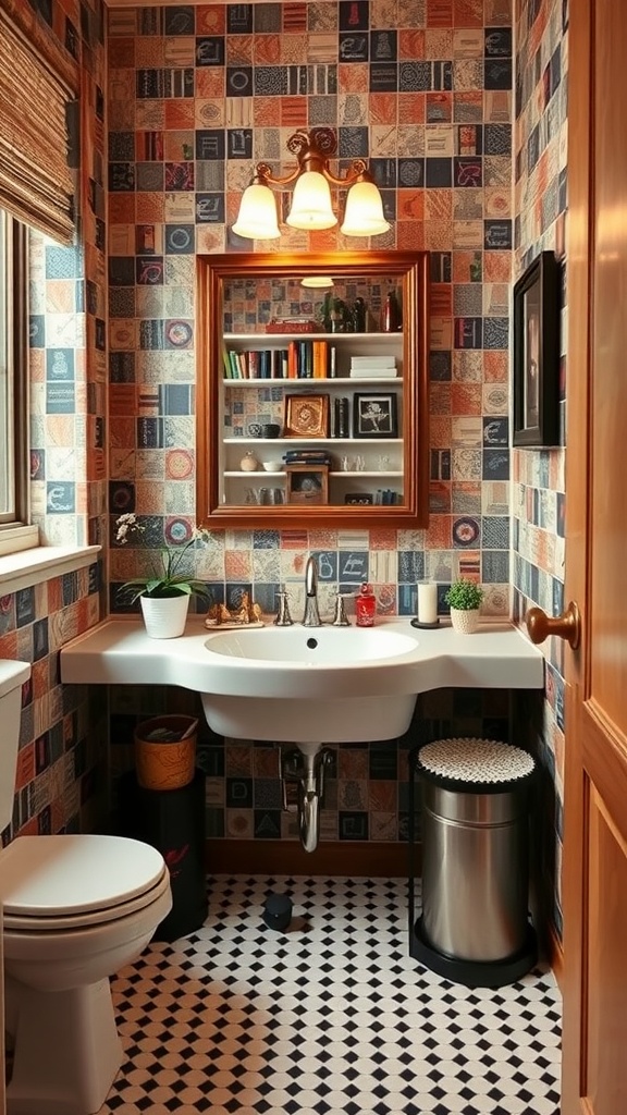 A small bathroom featuring a bold white sink, bronze faucets, and colorful patterned wallpaper.