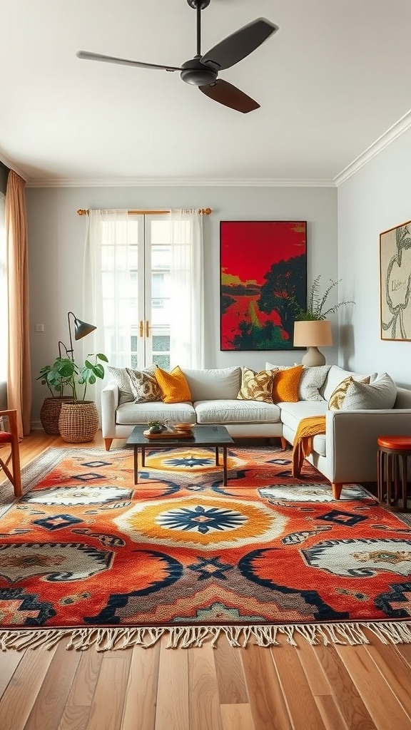 A vibrant living room featuring a bold statement rug with intricate patterns, complemented by neutral furniture and colorful accents.