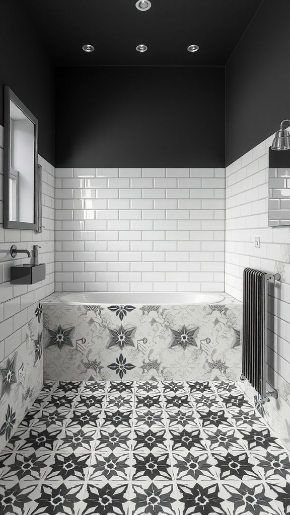 A modern luxury bathroom featuring bold black and white statement tiles on the floor and sleek white subway tiles on the walls.