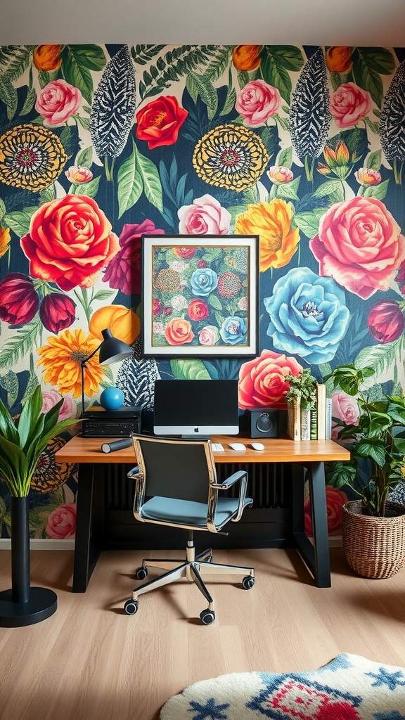 A vibrant home office featuring a bold floral statement wall, modern desk, and green plants.