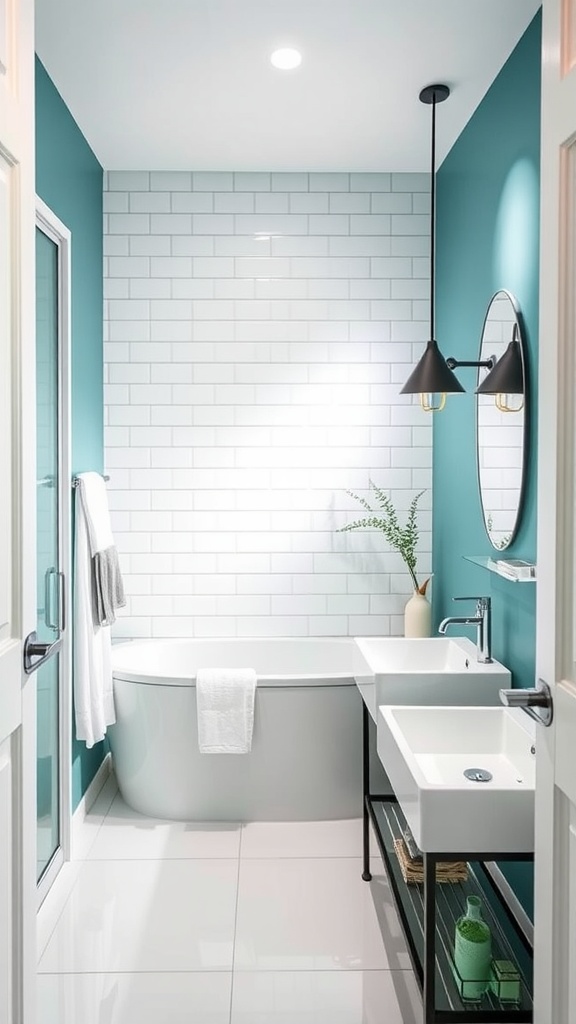 A modern bathroom featuring bold teal walls and crisp white tiles, with a stylish bathtub and sink.