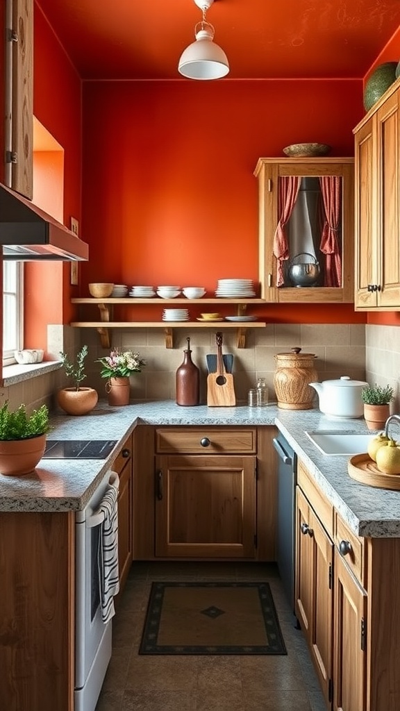 A kitchen featuring bold terracotta orange walls, natural wood cabinets, and various kitchen items.