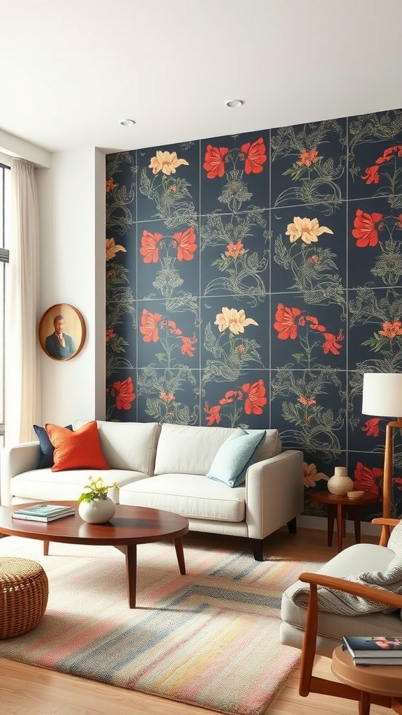 Living room with floral bold wallpaper, white couch, and colorful accents