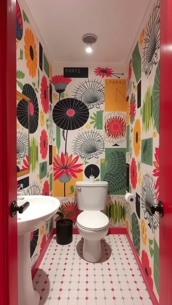 A colorful bathroom featuring bold floral wallpaper and a simple sink and toilet setup.