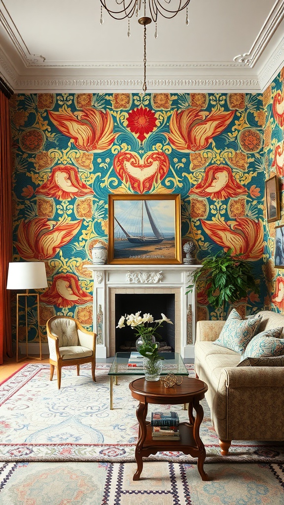 A vibrant living room featuring bold floral wallpaper, a classic fireplace, and stylish furniture.
