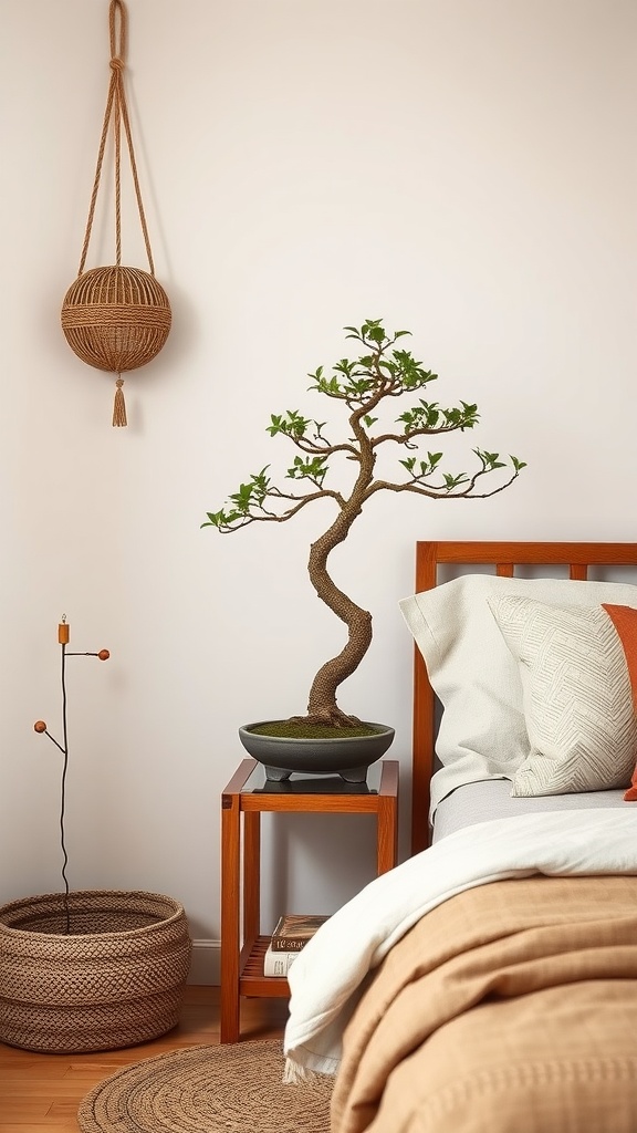 A cozy bedroom featuring a bonsai tree on a wooden nightstand, with woven baskets and soft bedding.