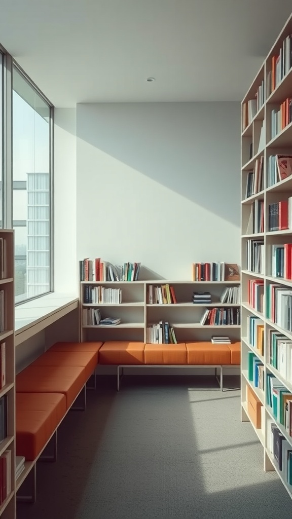 A modern bookshelf with integrated seating in a bright room, featuring orange cushions and neatly arranged books.