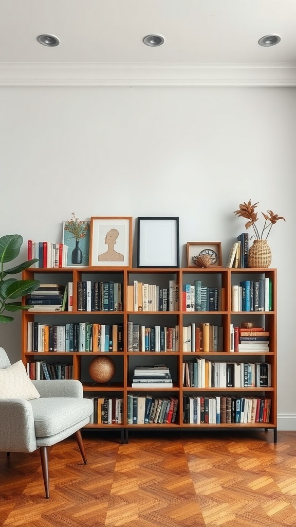 A cozy living room with a wooden bookshelf filled with books and decorative items, complemented by a comfortable chair.
