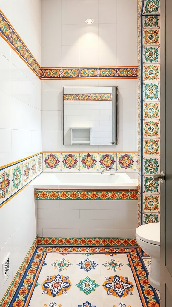 A brightly tiled bathroom featuring decorative border tiles with floral and geometric patterns.