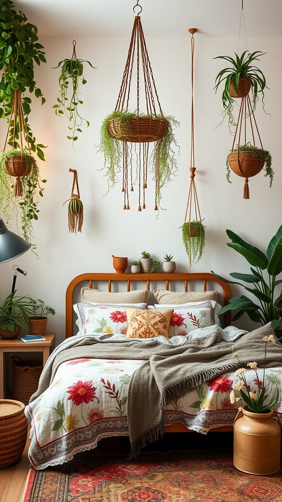 A cozy Boho style bedroom featuring hanging plants, floral bedding, and warm wood accents.