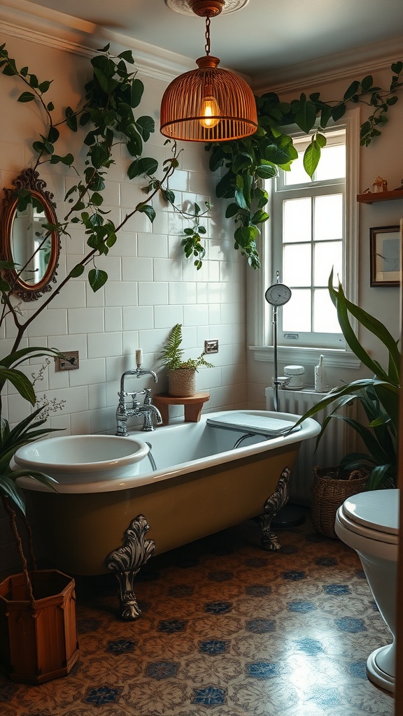 A vintage bathroom featuring a clawfoot tub, lush greenery, and warm lighting.