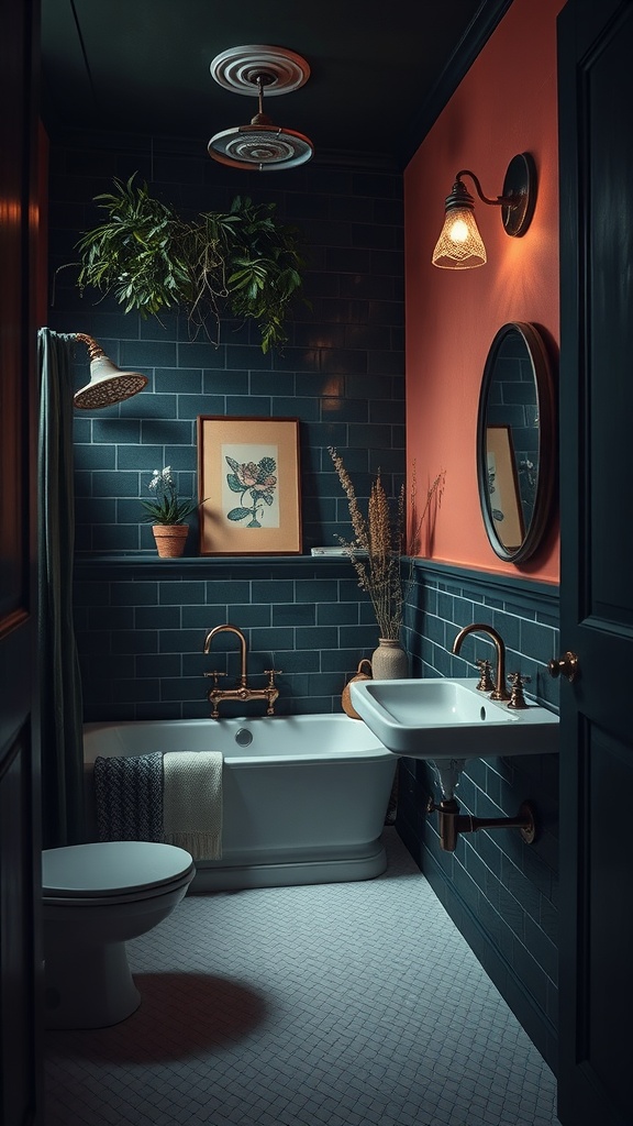 A dark and moody vintage bathroom featuring coral walls, blue tiles, copper fixtures, and plants.