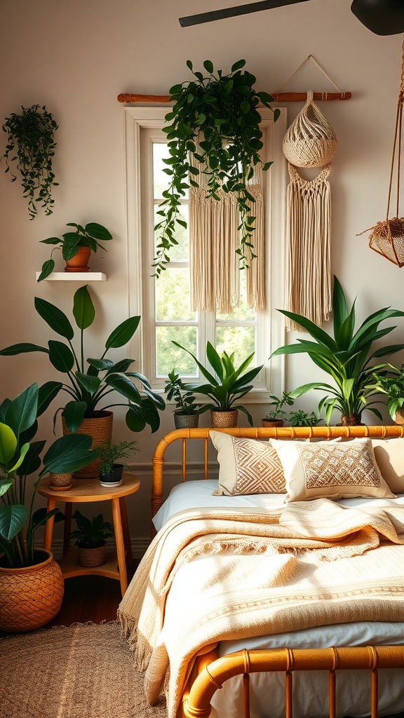 A small boho style bedroom filled with green plants, rattan furniture, and cozy textiles.