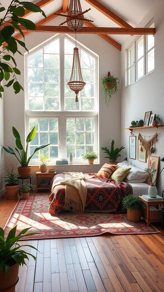 Boho style bedroom with high ceilings, large windows, wooden beams, and lots of plants.