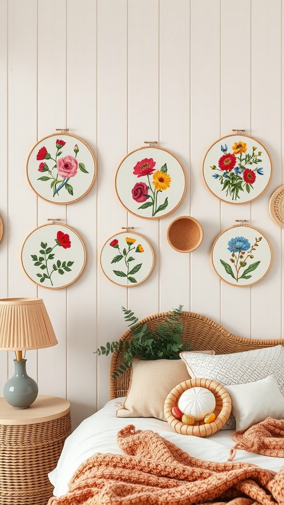 A collection of botanical embroidery hoops displayed on a wall above a bed, featuring colorful flowers and greenery.