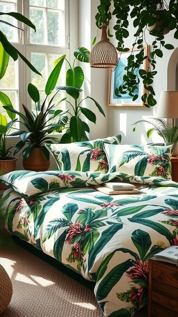 A cozy bedroom featuring botanical print bedding with large green leaves and flowers, surrounded by indoor plants and natural light.