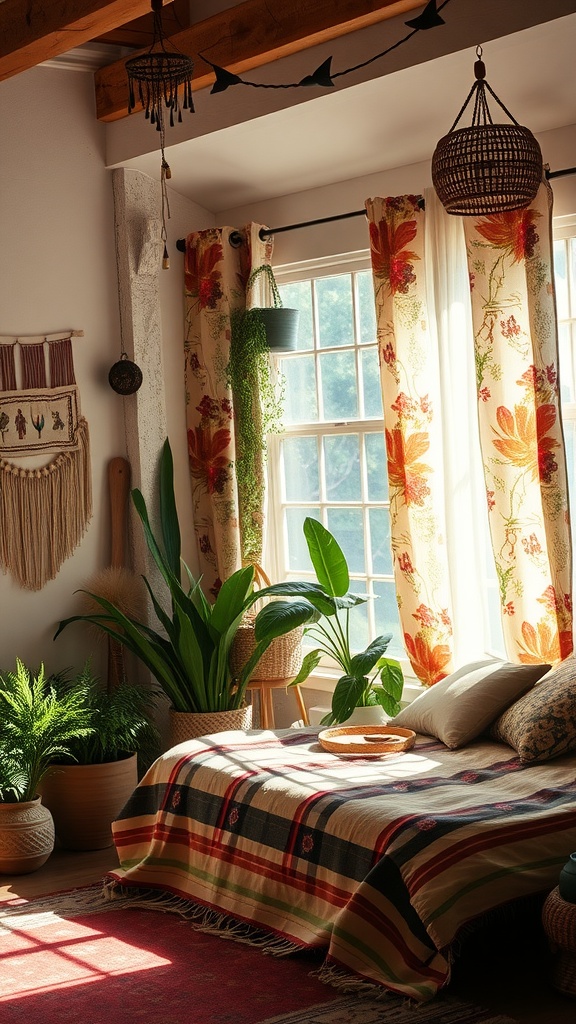 A boho themed bedroom featuring colorful botanical print curtains, green plants, and a cozy bed