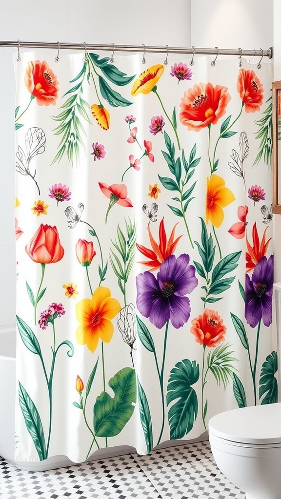 A colorful botanical print shower curtain featuring various flowers and leaves in vibrant colors.