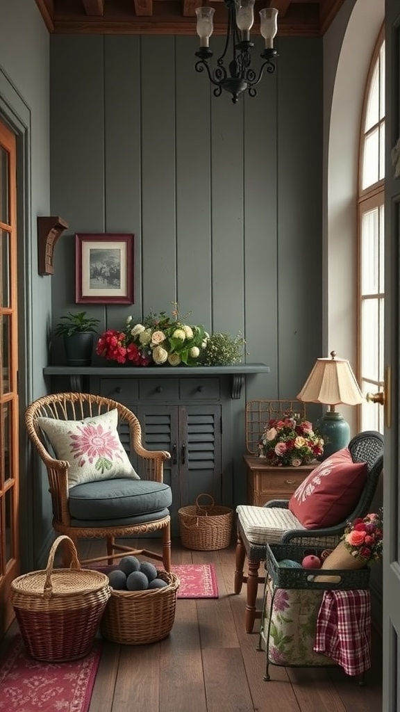 A cozy corner with wicker seating, floral decor, and a rustic chandelier in a dark cottagecore style.