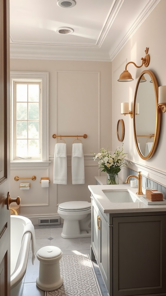 A transitional bathroom featuring brass fixtures, neutral tones, and elegant design elements.