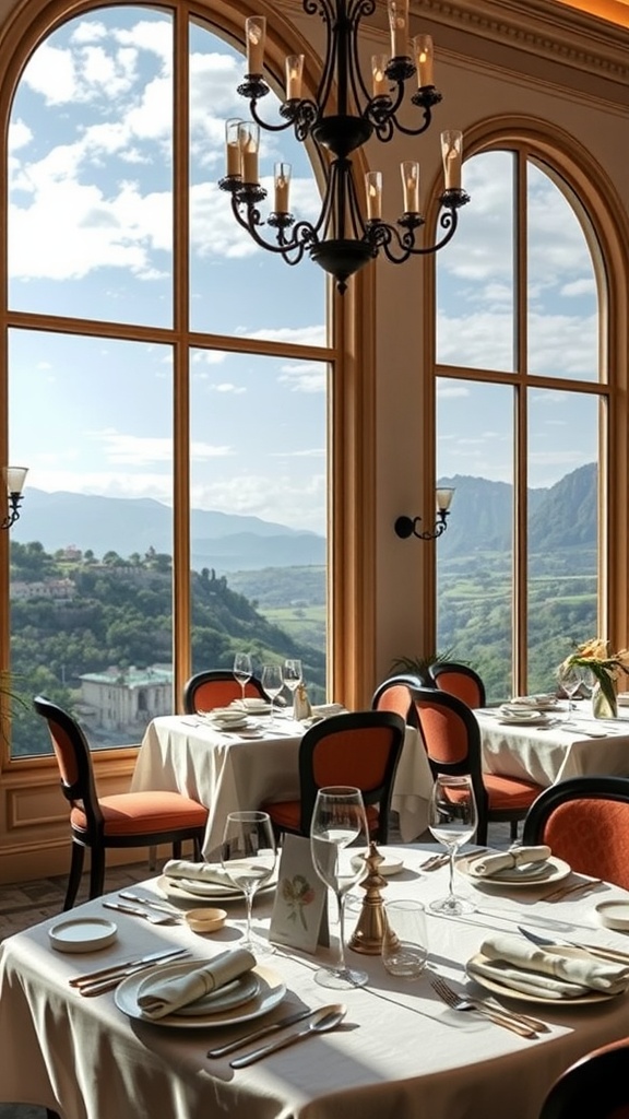 Luxurious Italian dining room with large windows showcasing breathtaking views.