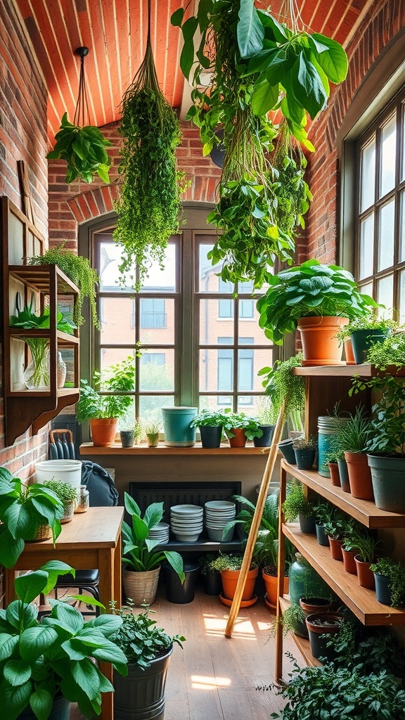 A cozy herb sanctuary with brick walls and abundant greenery, showcasing a mix of hanging and potted plants.