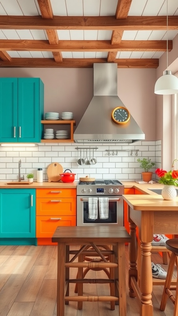 A rustic modern kitchen featuring bright turquoise and orange cabinets with wooden beams and a stylish setup.