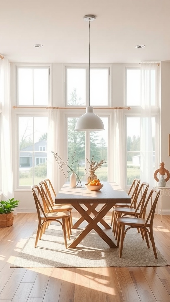 Bright and airy modern farmhouse dining room with large windows and wooden furniture