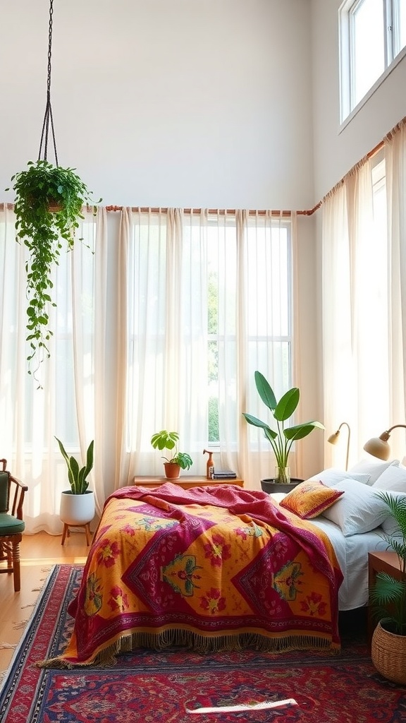 Bright and airy boho bedroom with high ceilings, featuring a colorful blanket, plants, and large windows.