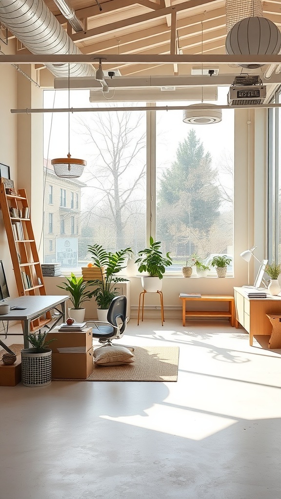 Bright and airy creative studio with plants, a desk, and plenty of natural light.