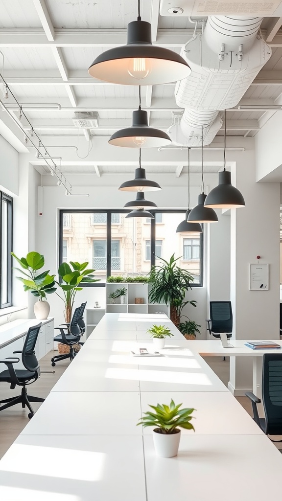 Modern office with pendant lights and large windows, featuring green plants and a minimalist design.