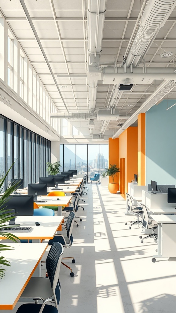 An open office layout with large windows, bright colors, and modern furniture.