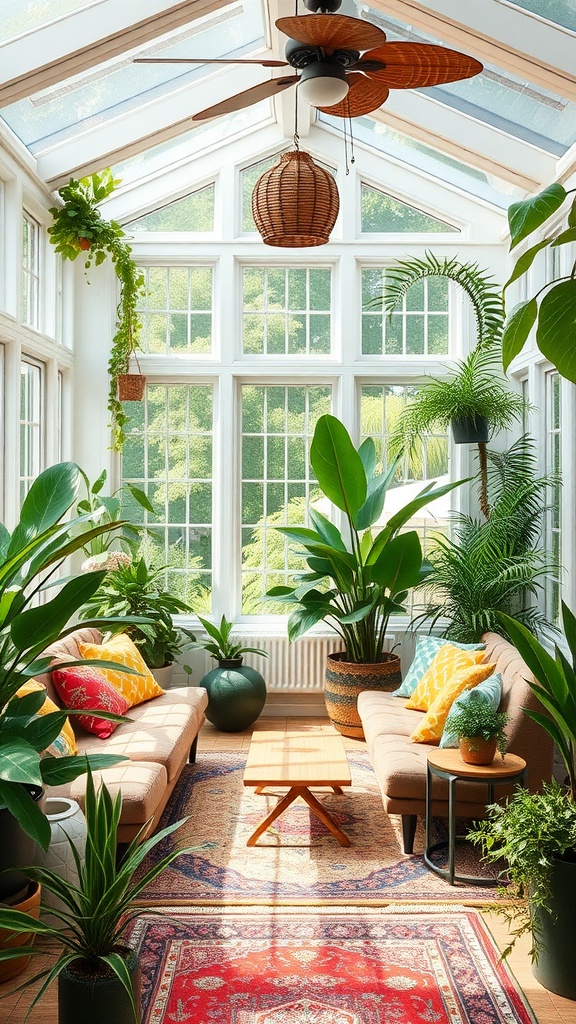 Bright and airy boho style sunroom with plants and cozy seating