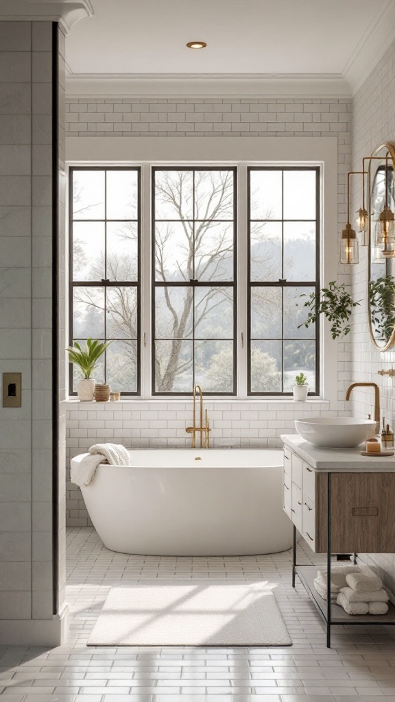 Bright and airy guest bathroom with large windows, minimalist decor, and a touch of greenery.