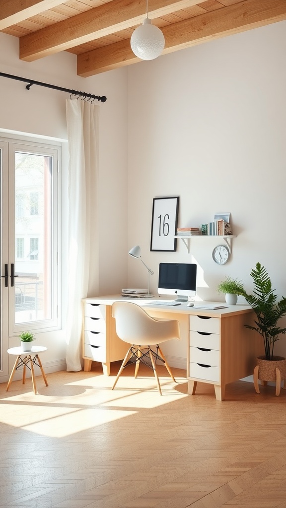 A bright Scandinavian home office with a wooden desk, computer, and green plants