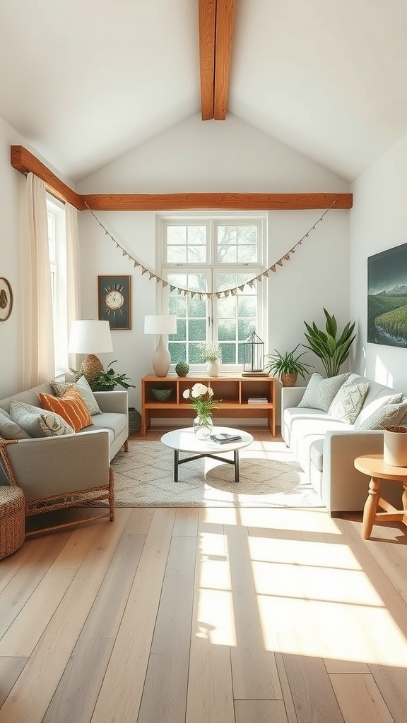 A bright and airy living room with rustic touches, featuring wooden beams, light furniture, and plants.