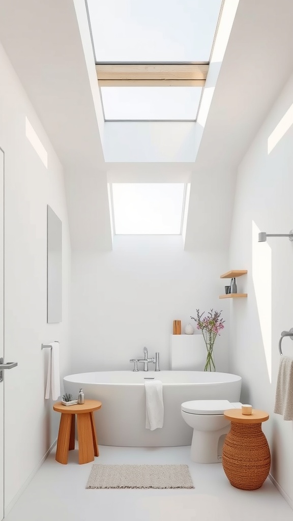 A bright bathroom featuring a skylight, an oval bathtub, and minimalistic wooden decor.