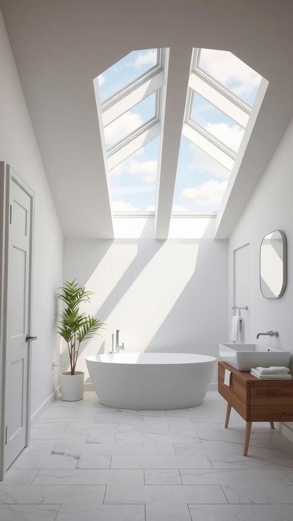 A bright bathroom featuring skylights, a white bathtub, and wooden accents