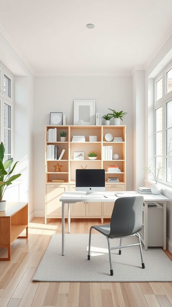 A bright and airy modern home office featuring clean lines, large windows, light wood furniture, and a potted plant.