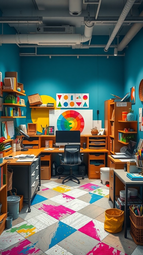 A colorful artistic workspace with blue walls, creative floor patterns, and organized desks filled with art supplies.
