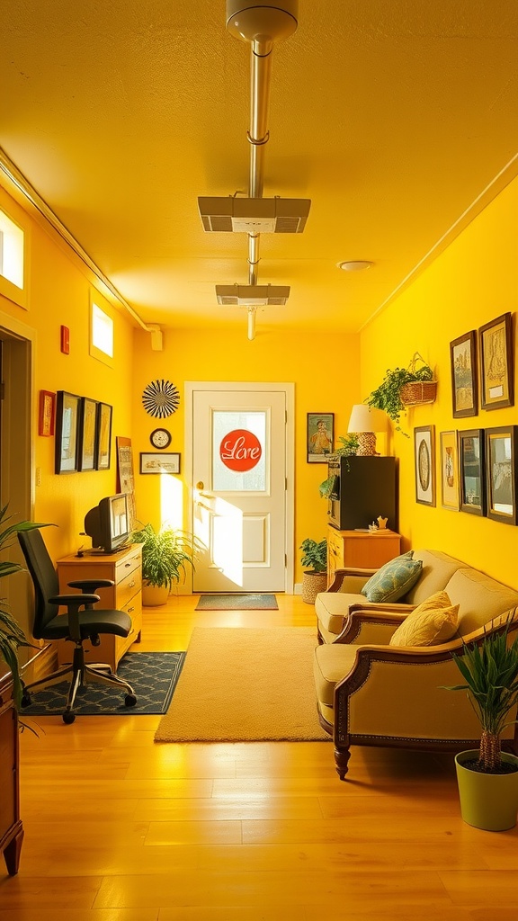 A bright yellow hallway with a cozy seating area and plants, emphasizing a cheerful atmosphere.