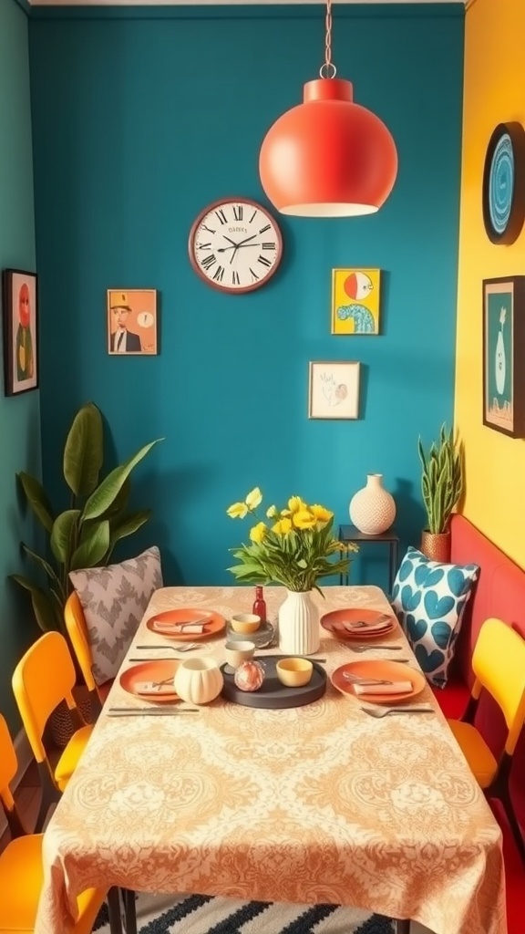 Colorful compact dining nook with teal and yellow walls, a red light fixture, and a cheerful table setting.