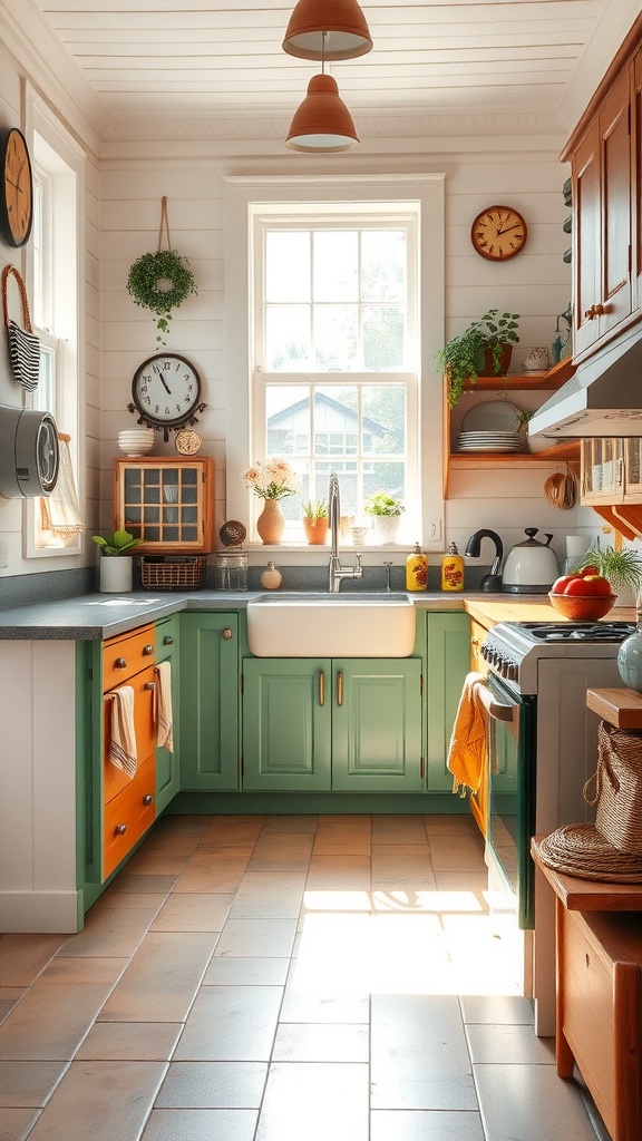 A bright and eclectic cottage kitchen featuring green cabinets, wooden accents, and plenty of natural light.
