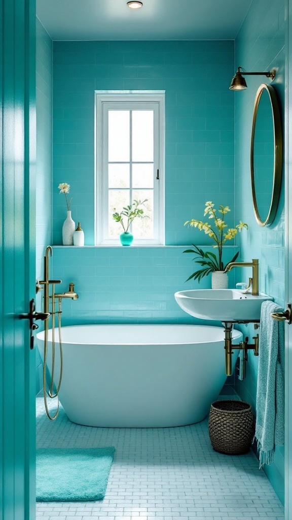 A small bright aqua bathroom with tile walls, a round mirror, and a vibrant accent chair.