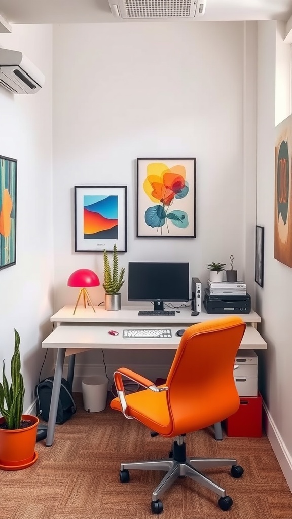 A small office with an orange chair, colorful artwork, a desk with a computer, and potted plants.